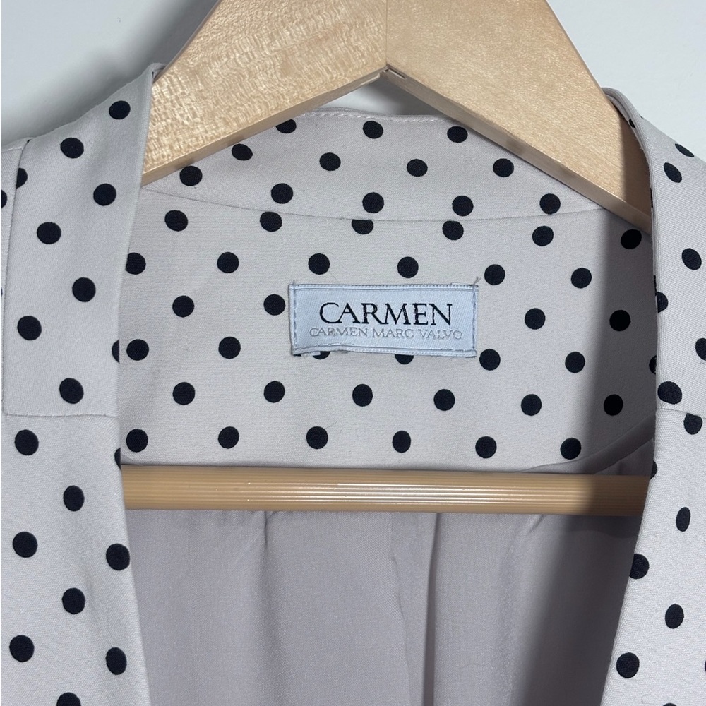 Carmen Marc Valvo White Black Polka Dot Open Front Collarless Blazer Jacket - Picture 4 of 8